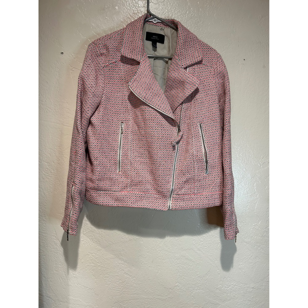 MNG Mango Collection Pink Tweed‎ Moto Biker Jacket Textured Zip Front Womens L